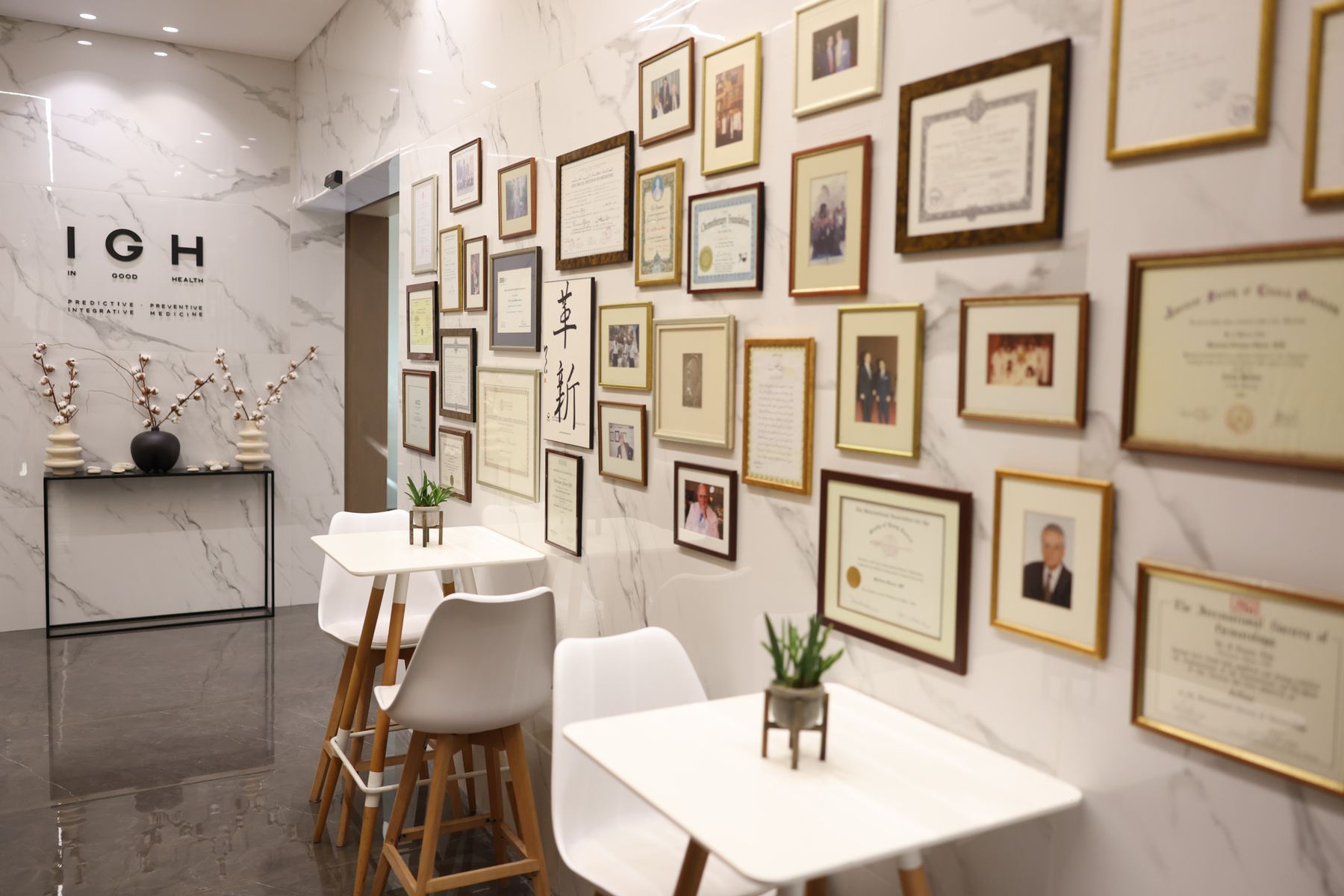 IGH clinic lounge and credentials wall